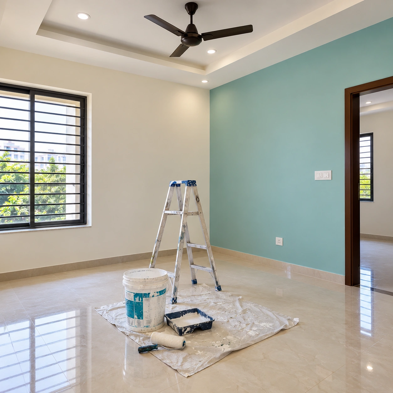 Painting work in progress with protected floor